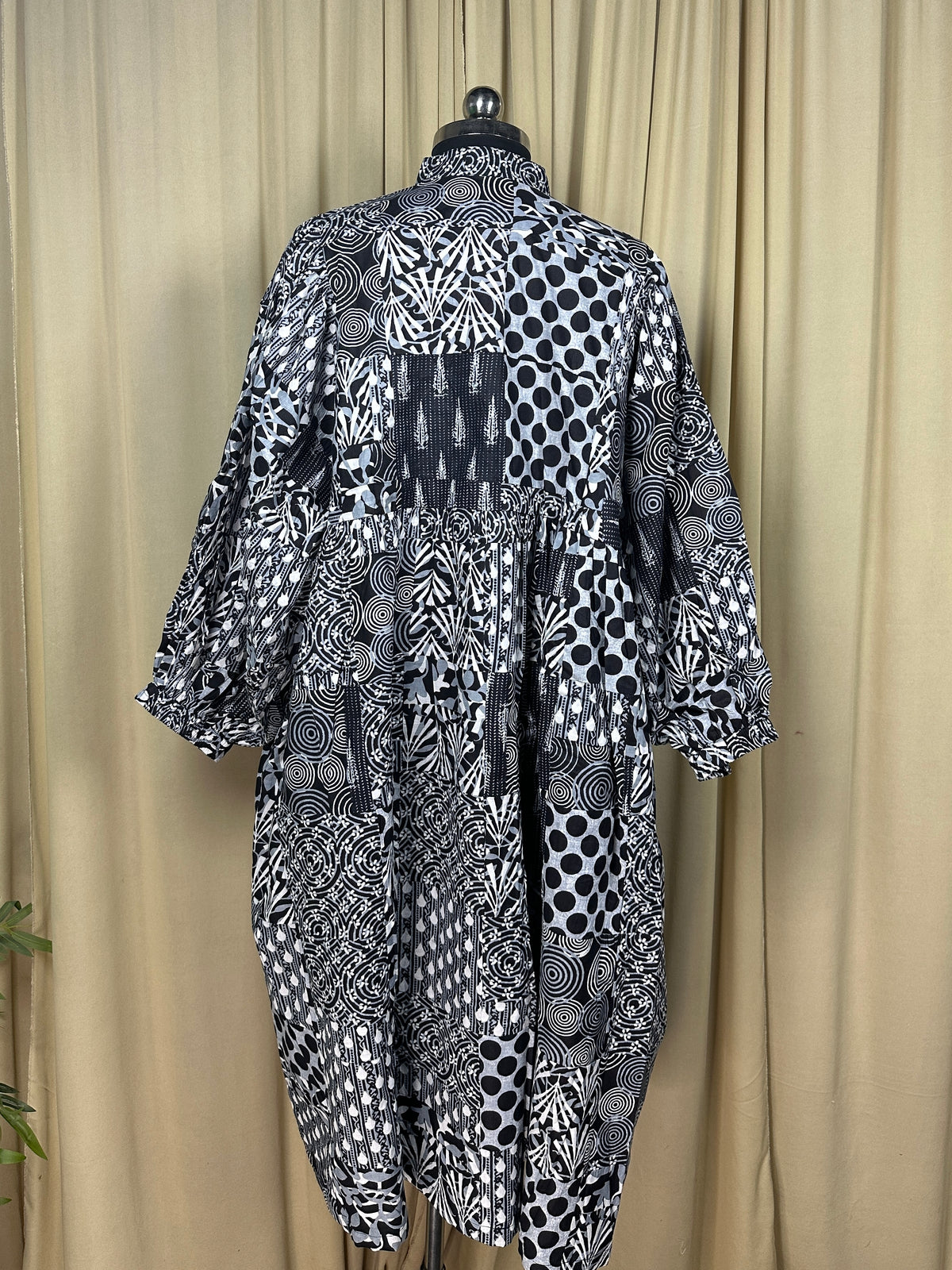Black Patchwork Cotton Dress: Hand-Stitched Block Print, Fits XXL