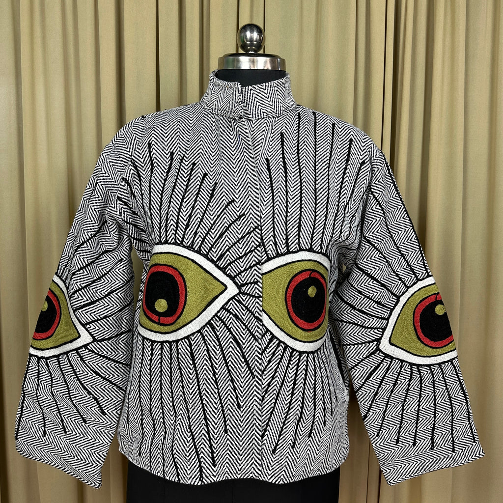 Women's Suzani embroidered Cotton Jacket in white geometric