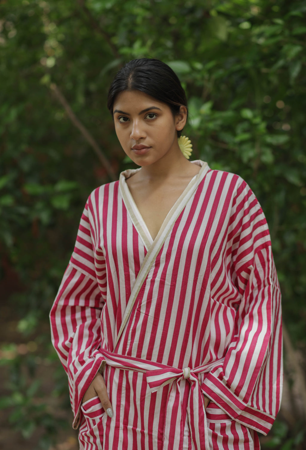 Women's reversible Cotton Kimono Robe in striped with pockets