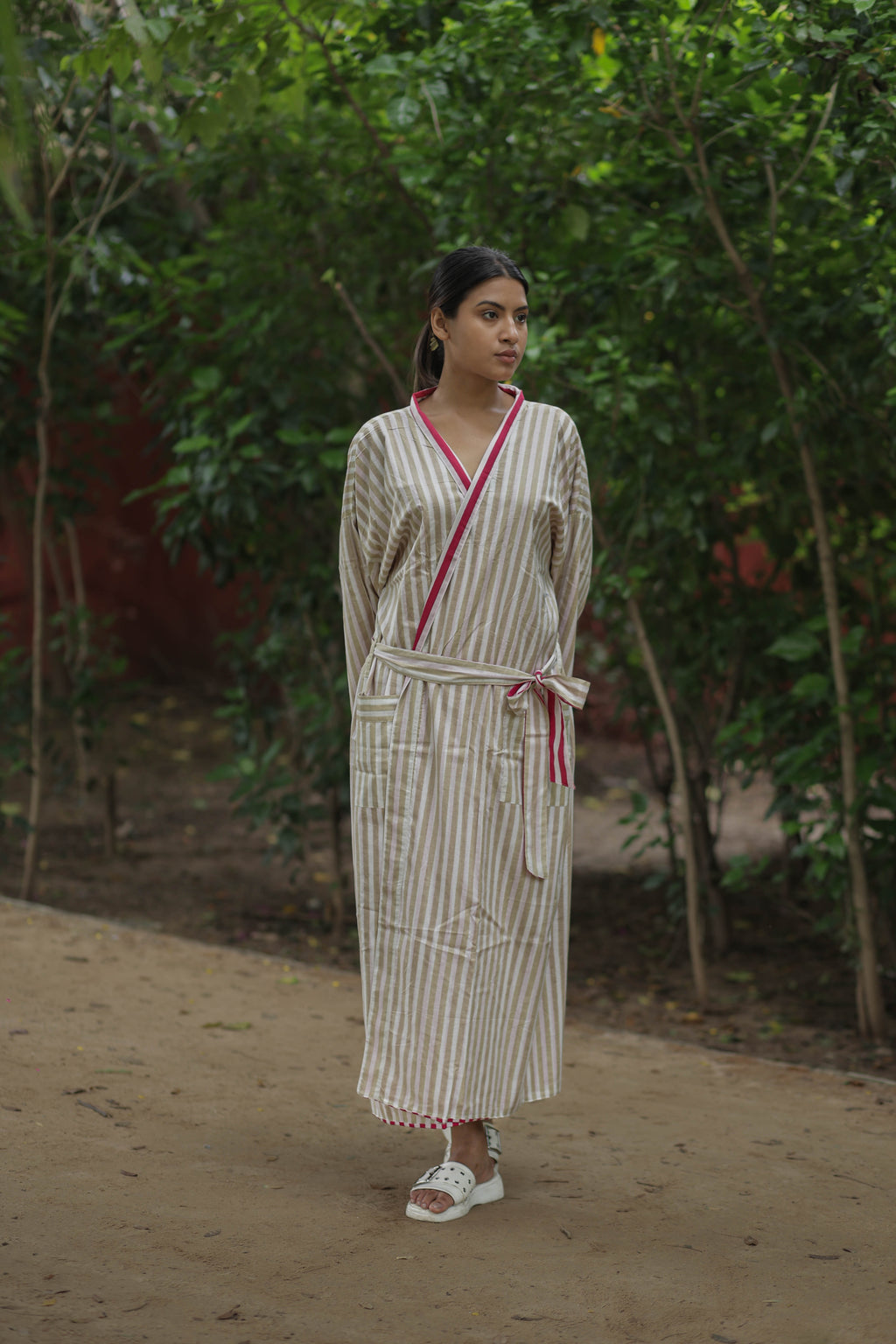 Women's reversible Cotton Kimono Robe in striped with pockets