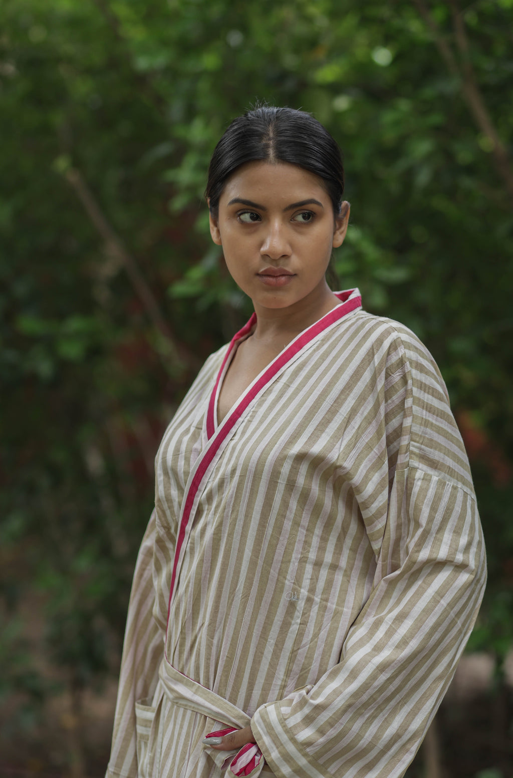 Women's reversible Cotton Kimono Robe in striped with pockets