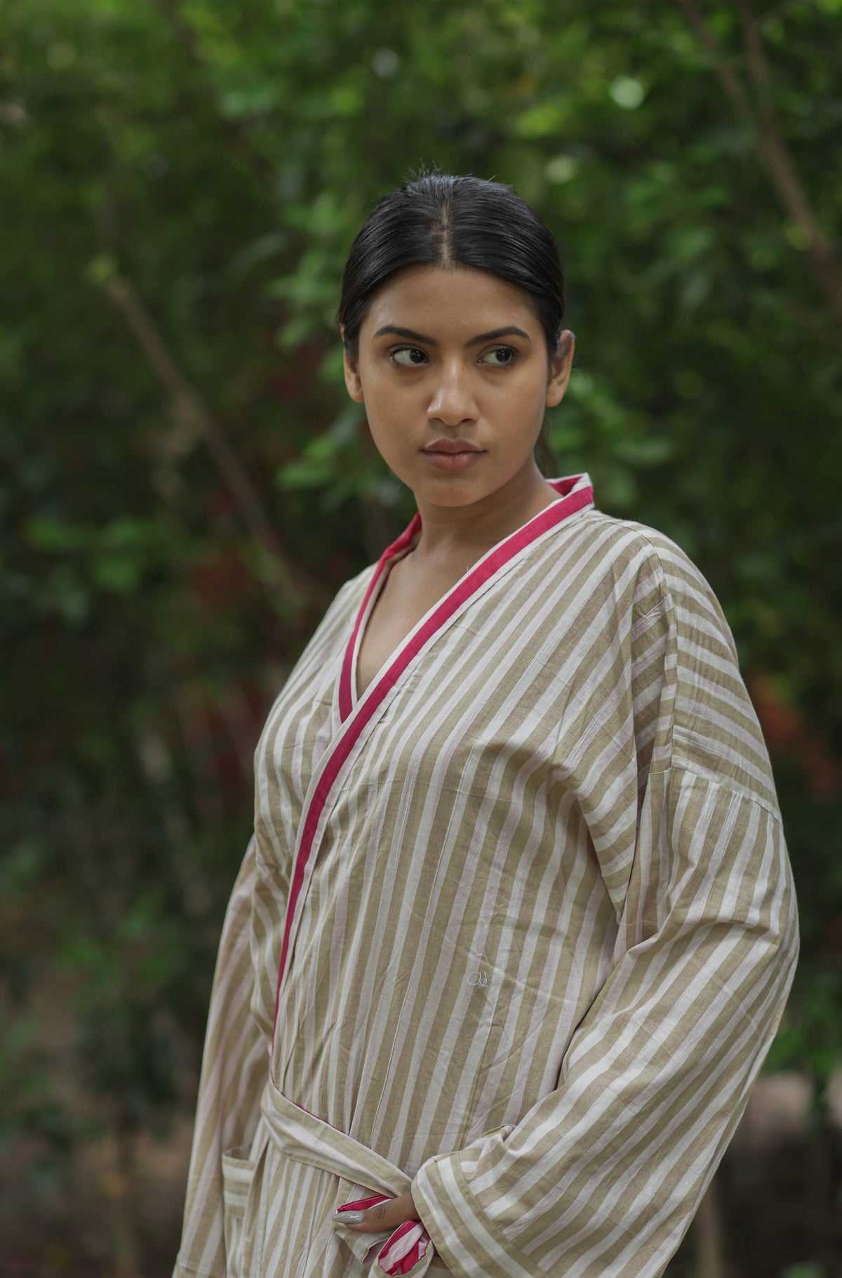 Women's reversible Cotton Kimono Robe in striped with pockets