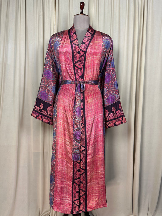 Recycle Silk Sari Women Kimono | Boho Chic Beach Cover Up Vintage Lounge Dressing Robe | Resort Wear Regal Gypsy House Robe, Red Floral