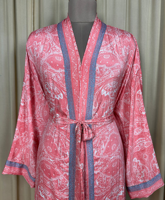 Recycle Silk Sari Women Kimono | Boho Chic Beach Cover Up Vintage Lounge Dressing Robe | Resort Wear Regal Gypsy House Robe, White Paisley