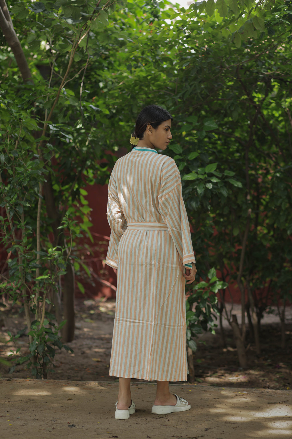 Women's reversible Cotton Kimono Robe in striped with pockets