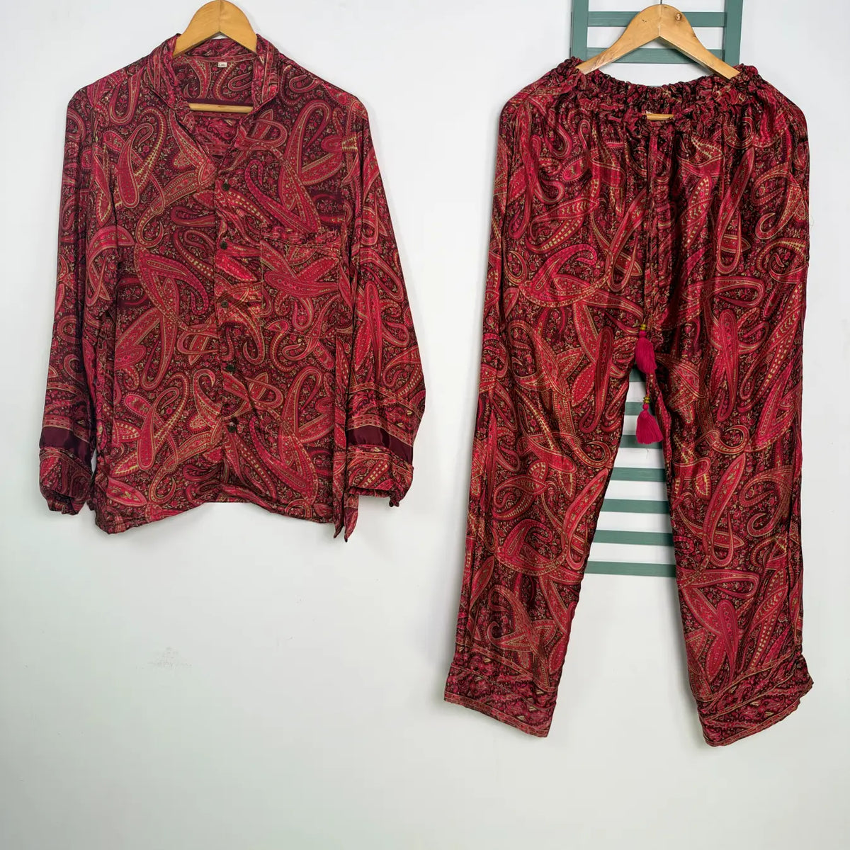 Recycled Silk Sari Pajama Set, Handmade Silk Blend Sleepwear with Pockets, Button Down Top, Drawstring Pants, Boho Gift for Her