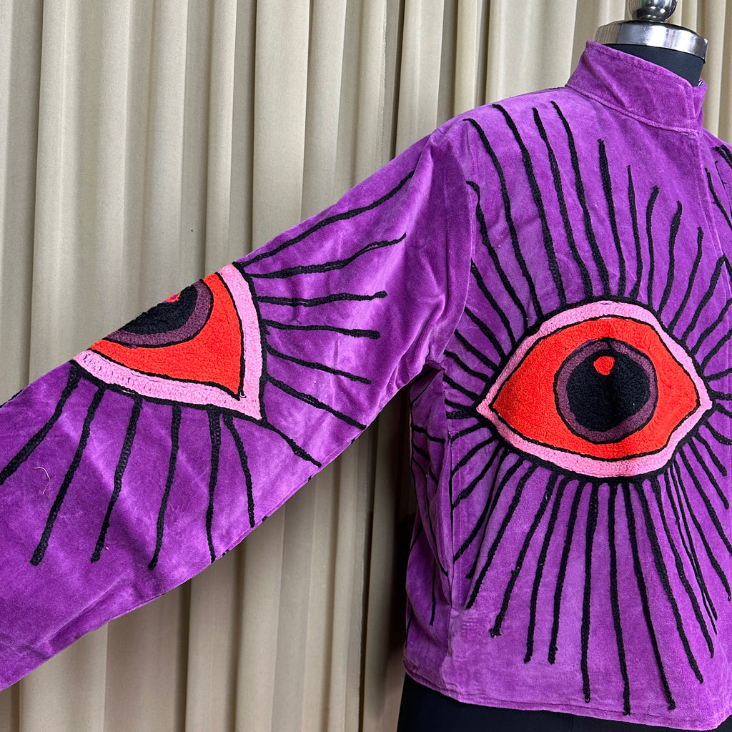 Women's Suzani embroidered Velvet Jacket in purple geometric
