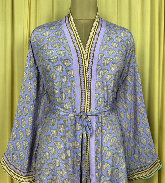 Recycle Silk Sari Women Kimono | Boho Chic Beach Cover Up Vintage Lounge Dressing Robe | Resort Wear Regal Gypsy House Robe, Purple Paisley