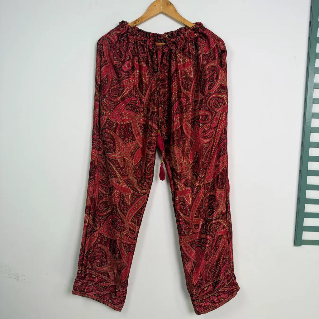 Recycled Silk Sari Pajama Set, Handmade Silk Blend Sleepwear with Pockets, Button Down Top, Drawstring Pants, Boho Gift for Her