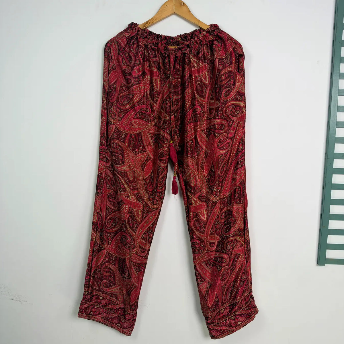 Recycled Silk Sari Pajama Set, Handmade Silk Blend Sleepwear with Pockets, Button Down Top, Drawstring Pants, Boho Gift for Her
