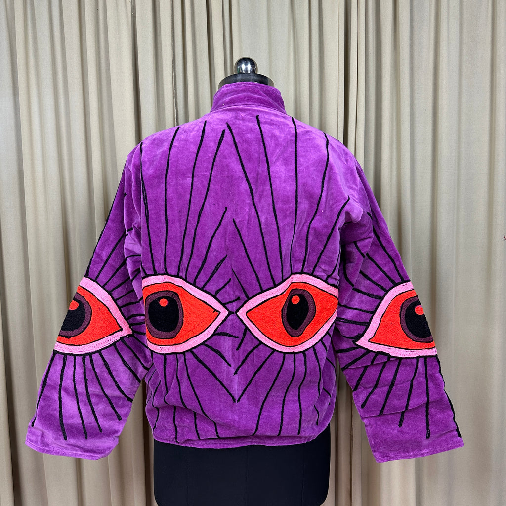 Women's Suzani embroidered Velvet Jacket in purple geometric