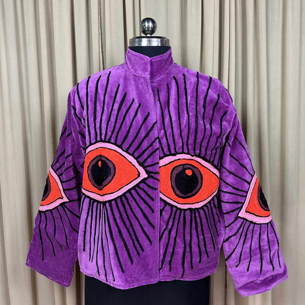 Women's Suzani embroidered Velvet Jacket in purple geometric