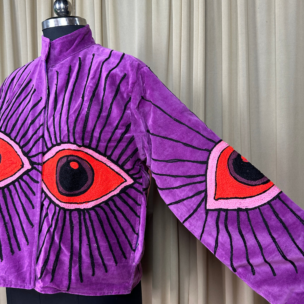 Women's Suzani embroidered Velvet Jacket in purple geometric