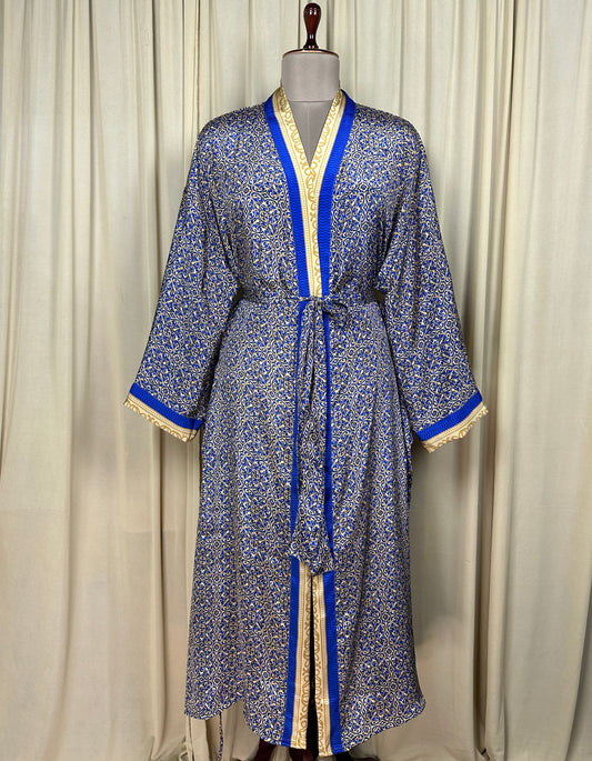 Recycle Silk Sari Women Kimono | Boho Chic Beach Cover Up Vintage Lounge Dressing Robe  l Resort Wear Regal Gypsy House Robe, Blue Geometric