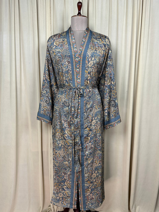 Recycle Silk Sari Women Kimono | Boho Chic Beach Cover Up Vintage Lounge Dressing Robe  l Resort Wear Regal Gypsy House Robe, Gray Floral