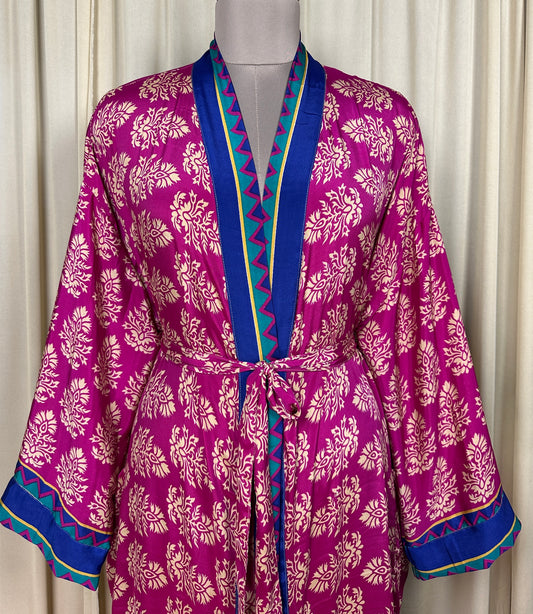 Recycle Silk Sari Women Kimono | Boho Chic Beach Cover Up Vintage Lounge Dressing Robe  l Resort Wear Regal Gypsy House Robe, Pink Floral