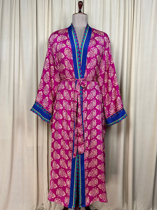 Recycle Silk Sari Women Kimono | Boho Chic Beach Cover Up Vintage Lounge Dressing Robe  l Resort Wear Regal Gypsy House Robe, Pink Floral