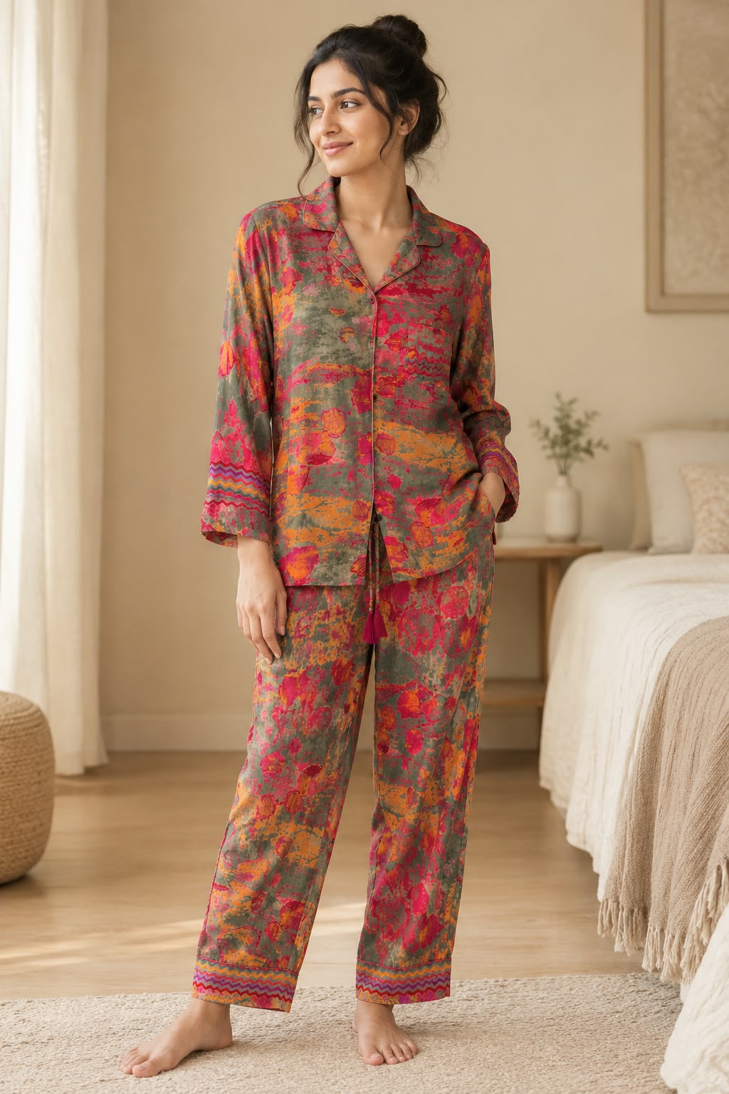 Women's Silk Blend Pajama Set, Recycled Sari Loungewear, Handmade Relaxation Gift, Birthday Gift for Her, Short Sleeve Top, Side Pockets