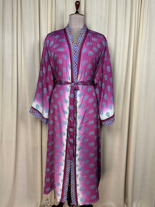 Recycle Silk Sari Women Kimono | Boho Chic Beach Cover Up Vintage Lounge Dressing Robe  l Resort Wear Regal Gypsy House Robe, Pink Floral
