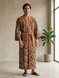 Mens Kimono Robe Cotton Handblock Dress, Indian Printed Man House Robe, Boho Beach Coverup Dressing Gown Lightweight Loungewear Gift For Him