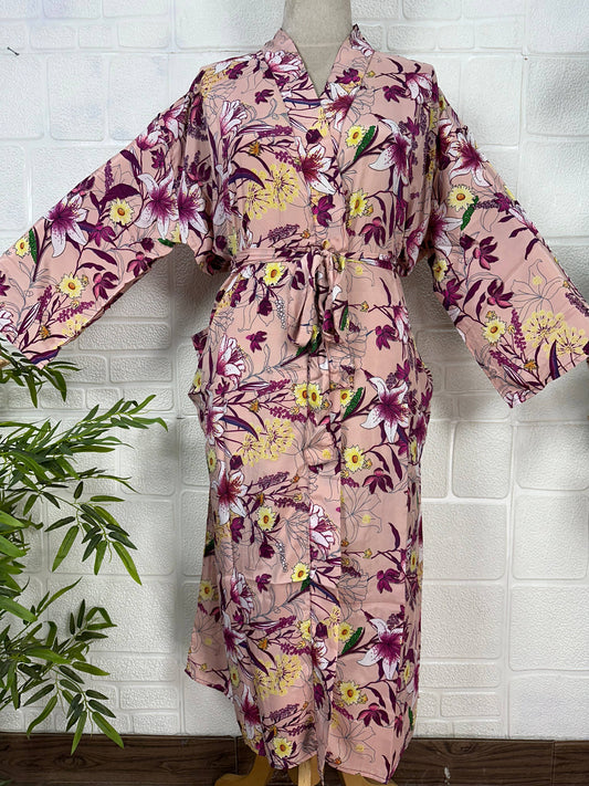 Floral Silk Blend Kimono Robe: Handmade Sari Fabric, Plus Size