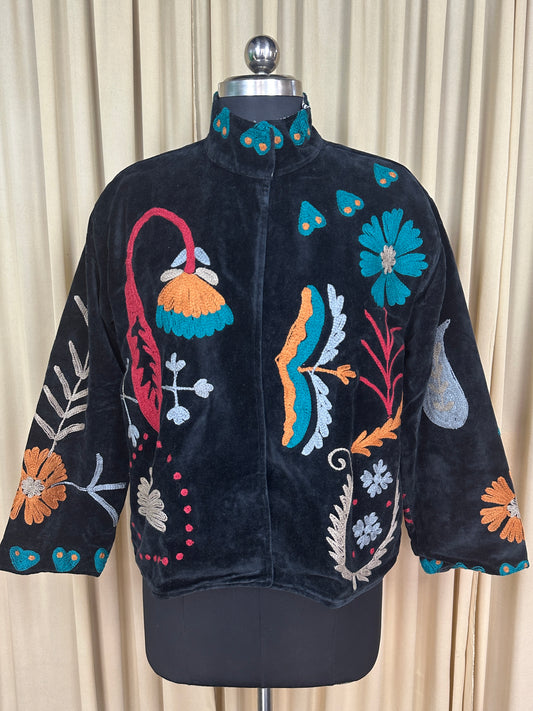 Boho Hand Embroidered Velvet Suzani Jacket, Black Floral Open Front Coat Winter Wear Free Size Robe Retro Chic Free Size Robe Blazer for Her
