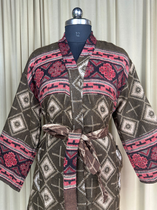Yak Wool Blend Kimono Robe: Maroon Geometric Print, Warm Winter Wear