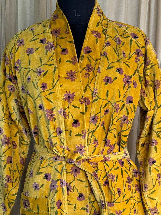 Luxury Velvet Kimono Unisex House Robe | Boho Jacket Autumn Winter Christmas Gift Elegant Reversible Silk Lined | Quirky Gown Yellow Floral
