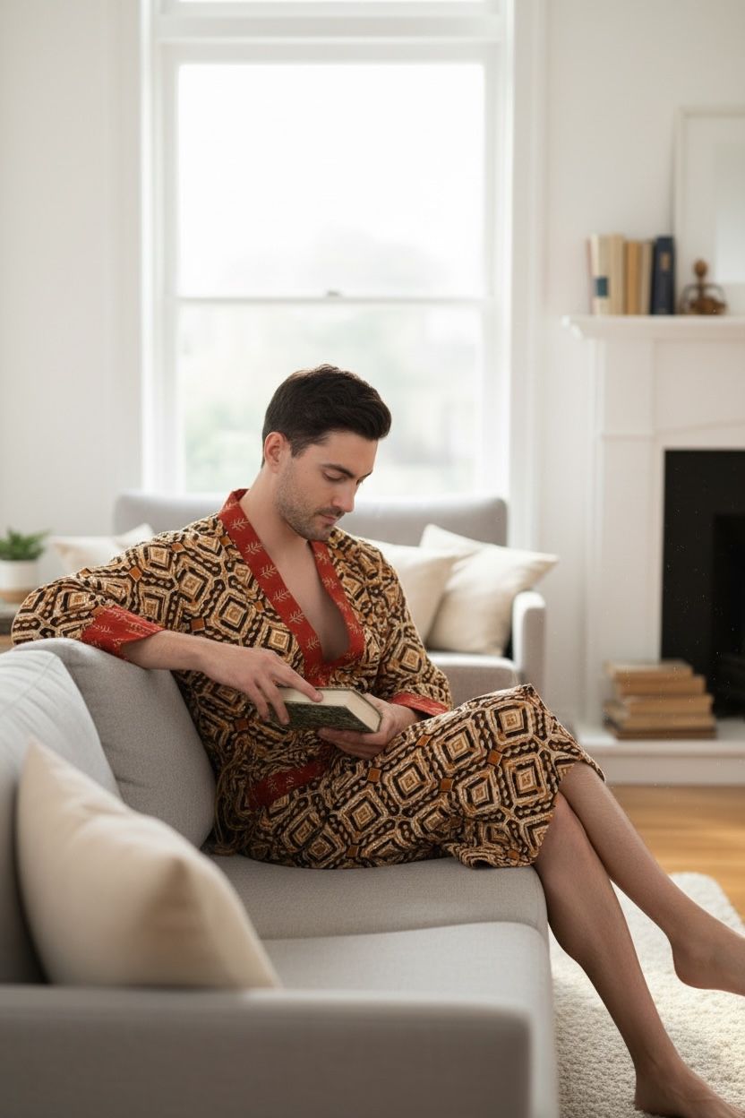 Men's block-printed Cotton Kimono Robe