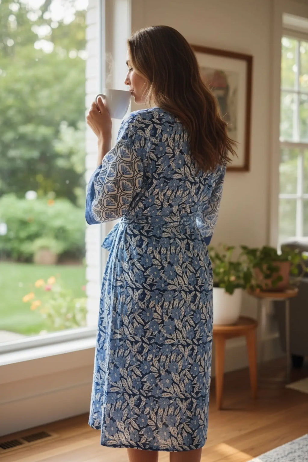 Women's block-printed Cotton Kimono Robe