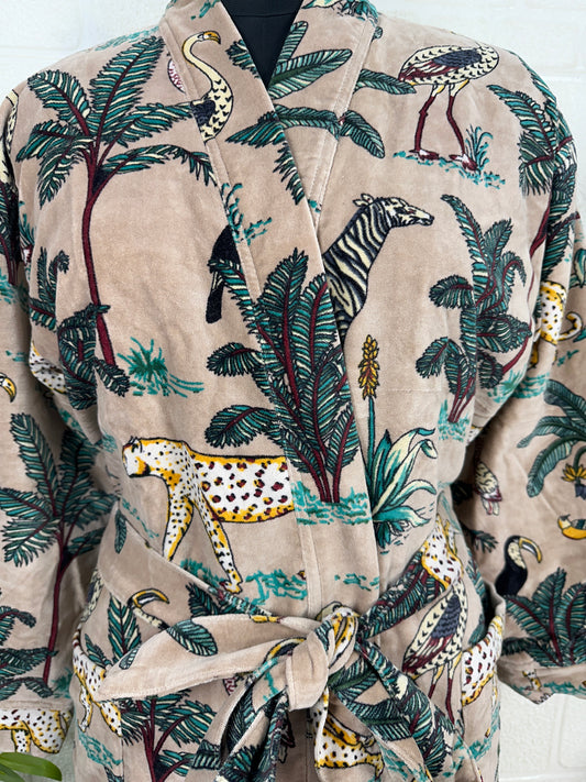 Velvet Kimono Robe: Reversible Silk Lined Animal Print Jacket
