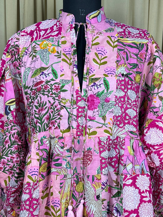 Pink Patchwork Cotton Dress: Hand-Stitched Block Print, Fits XXL