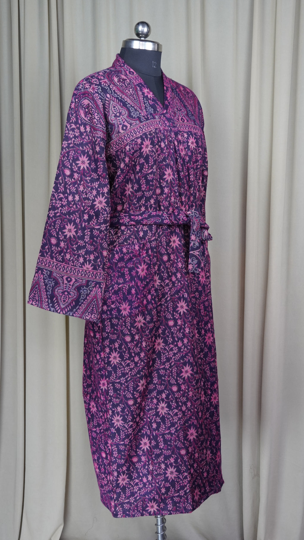 Yak Wool Blend Women Kimono Robe, Cozy Warm Winter Romance Loungewear, Purple Floral Cardigan House Coat with Pockets, Quirky Christmas Gift For Her