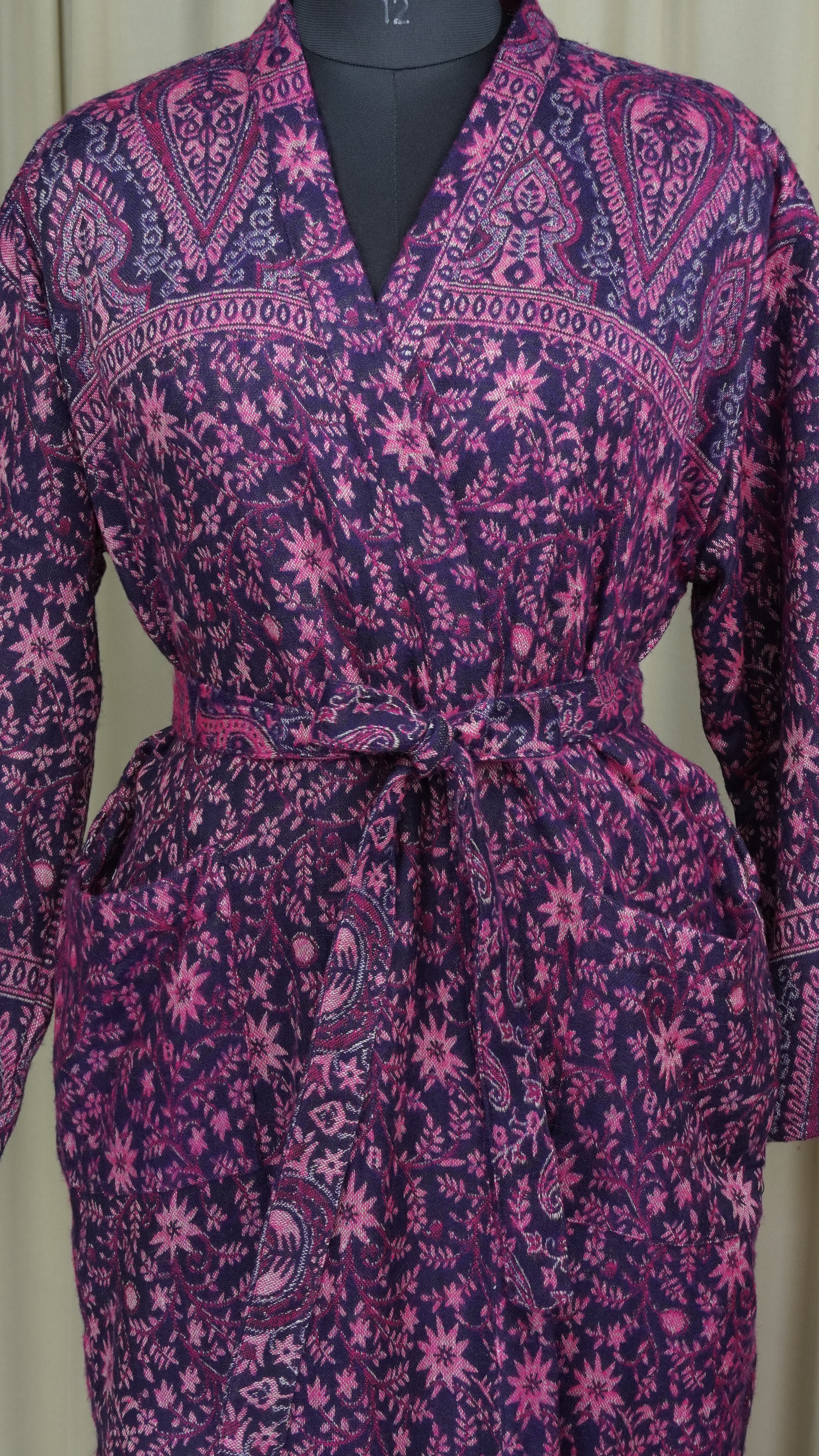 Yak Wool Blend Women Kimono Robe, Cozy Warm Winter Romance Loungewear, Purple Floral Cardigan House Coat with Pockets, Quirky Christmas Gift For Her