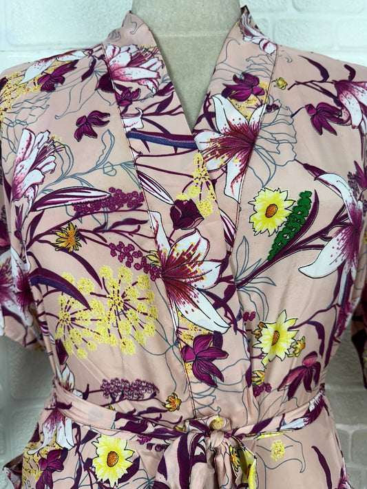 Floral Silk Blend Kimono Robe: Handmade Sari Fabric, Plus Size