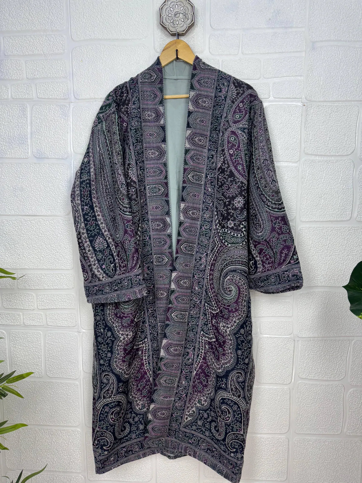 Handmade Boiled Merino Wool Kimono: Paisley Floral Robe Jacket