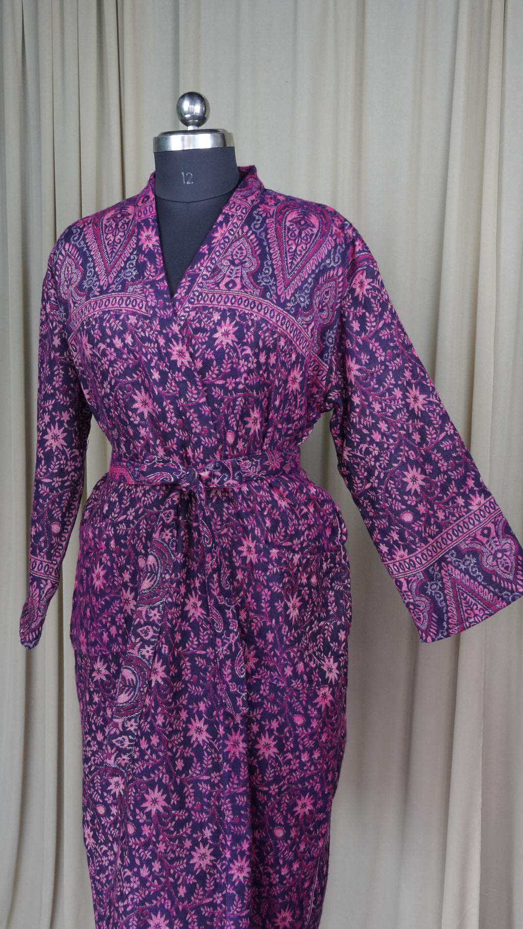 Yak Wool Blend Women Kimono Robe, Cozy Warm Winter Romance Loungewear, Purple Floral Cardigan House Coat with Pockets, Quirky Christmas Gift For Her