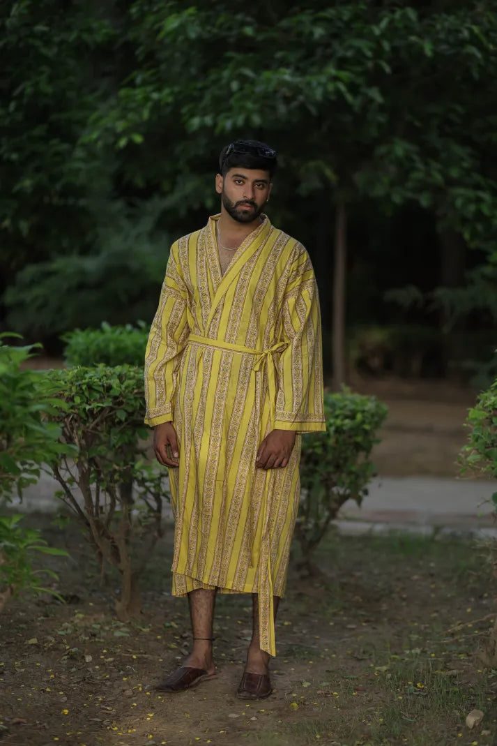 Men's Cotton Kimono Robe in striped with pockets