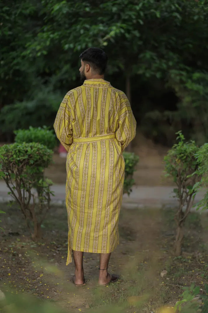 Men's Cotton Kimono Robe in striped with pockets
