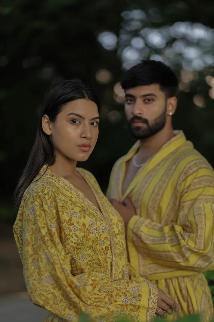 Men's Cotton Kimono Robe in striped with pockets