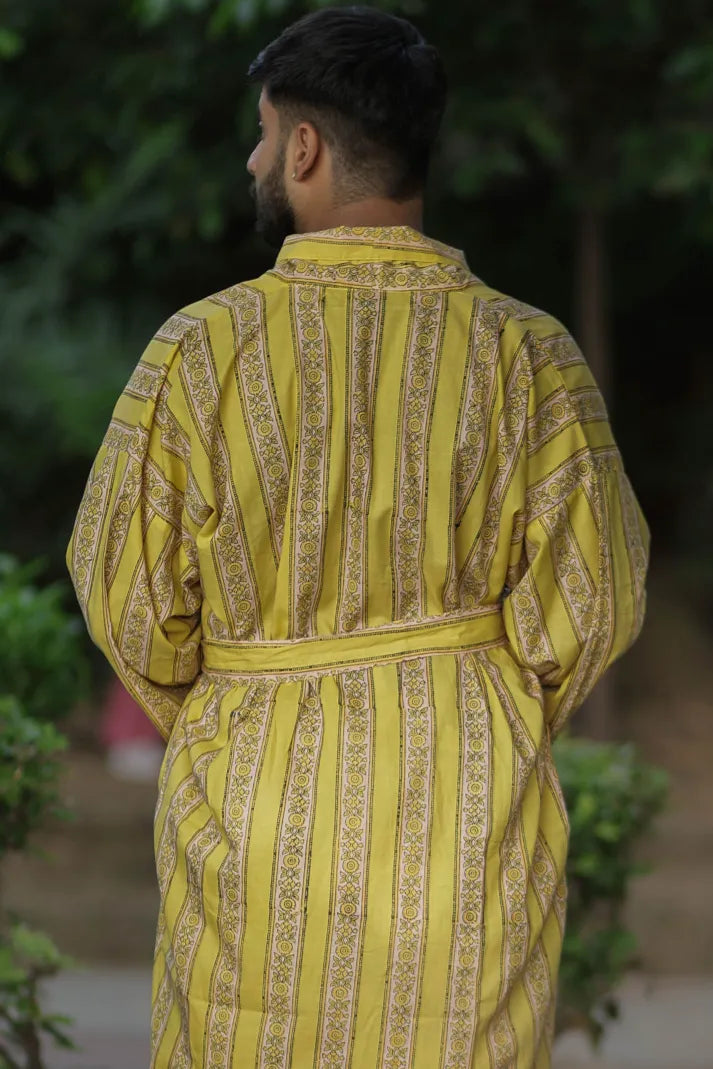 Men's Cotton Kimono Robe in striped with pockets