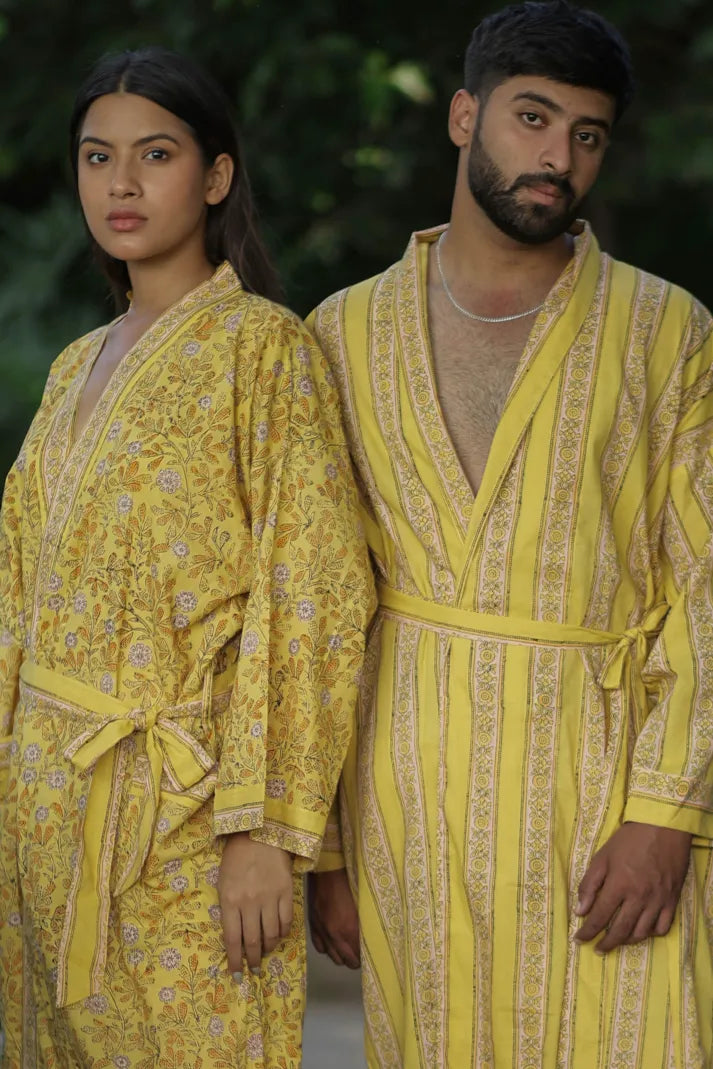 Men's Cotton Kimono Robe in striped with pockets