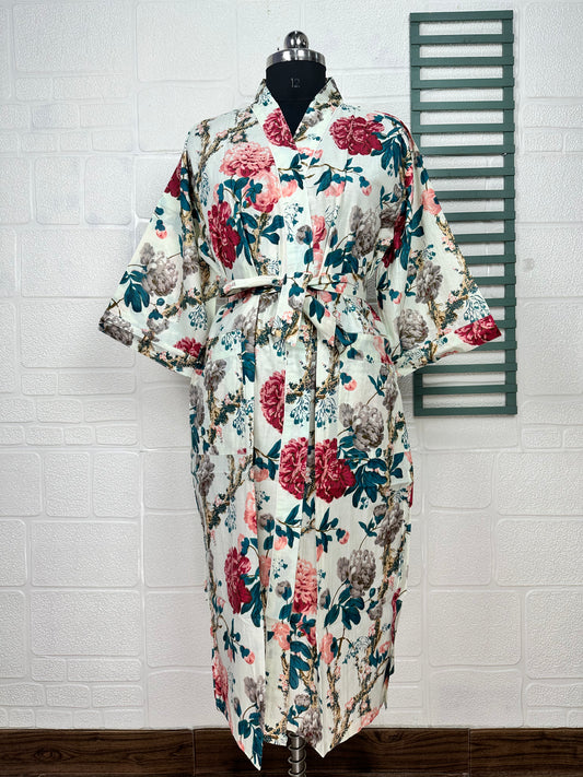 Handprinted Cotton Kimono Robe: Floral Boho Beach Cover-Up