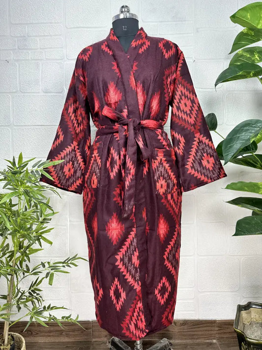 Unisex Yak Wool Blend Geometric Diamonds Kimono/Robe | Luxurious Black Red Teal Urban Floral Print | Warm Hygge Christmas Gift for Her & Him