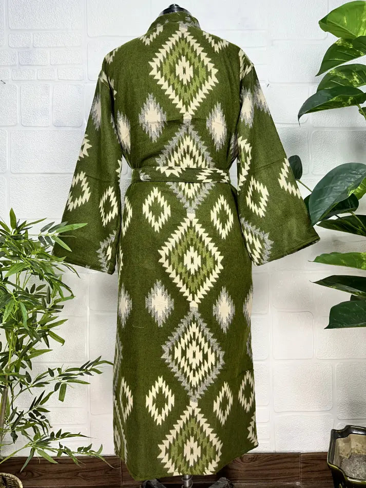 Kimono/Robe unisexe en mélange de laine de yak avec diamants géométriques | Luxueux imprimé floral urbain beige rouge sarcelle | Cadeau de Noël chaleureux et hygge pour elle et lui