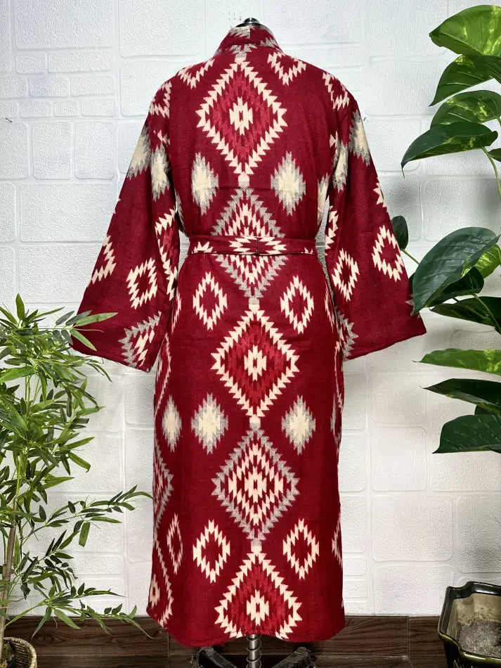Yak Wool Blend Women Kimono Robe, Cozy Winter Romance Loungewear, Red Diamond Print Cardigan House Coat with Pockets | Quirky Christmas Gift