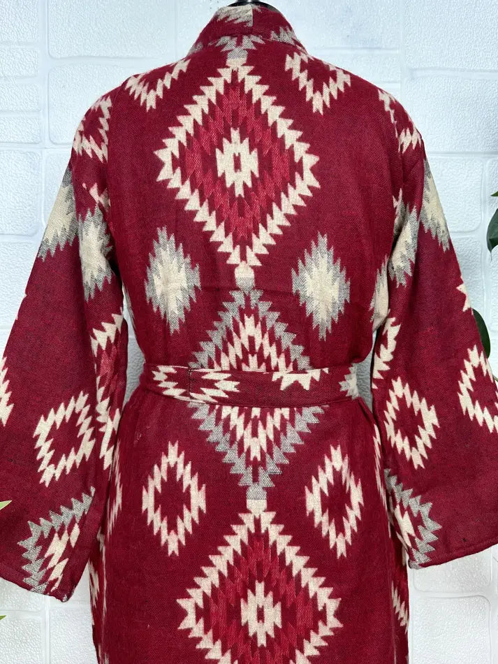 Yak Wool Blend Women Kimono Robe, Cozy Winter Romance Loungewear, Red Diamond Print Cardigan House Coat with Pockets | Quirky Christmas Gift
