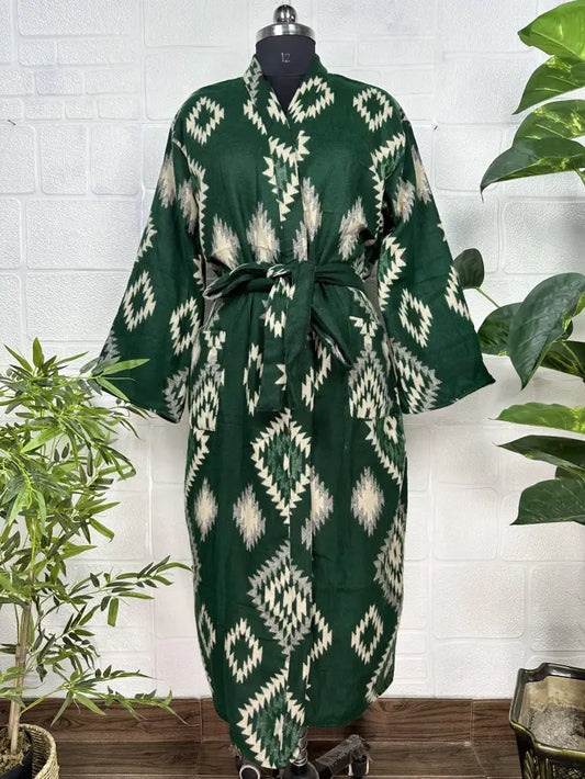 Unisex Yak Wool Blend Geometric Diamonds Kimono/Robe | Luxurious Green Beige Teal Urban Floral Print | Warm Hygge Christmas Gift for Her & Him