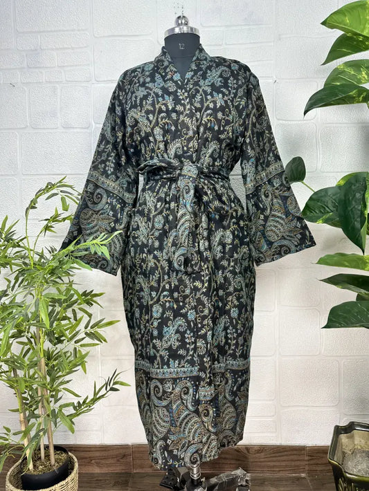 Unisex Yak Wool Blend Geometric Diamonds Kimono/Robe | Luxurious Black Blue Teal Urban Floral Print | Warm Hygge Christmas Gift for Her & Him