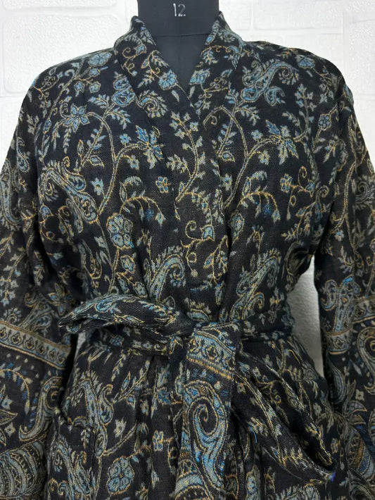 Unisex Yak Wool Blend Geometric Diamonds Kimono/Robe | Luxurious Black Blue Teal Urban Floral Print | Warm Hygge Christmas Gift for Her & Him